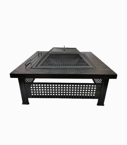 آتشدان باغی چندکاره مربع مشکی – اجاق هیزمی، منقل ذغالی و میز باربیکیو