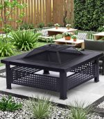 آتشدان باغی چندکاره مربع مشکی – اجاق هیزمی، منقل ذغالی و میز باربیکیو