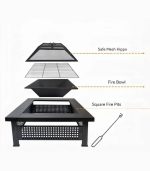 آتشدان باغی چندکاره مربع مشکی – اجاق هیزمی، منقل ذغالی و میز باربیکیو